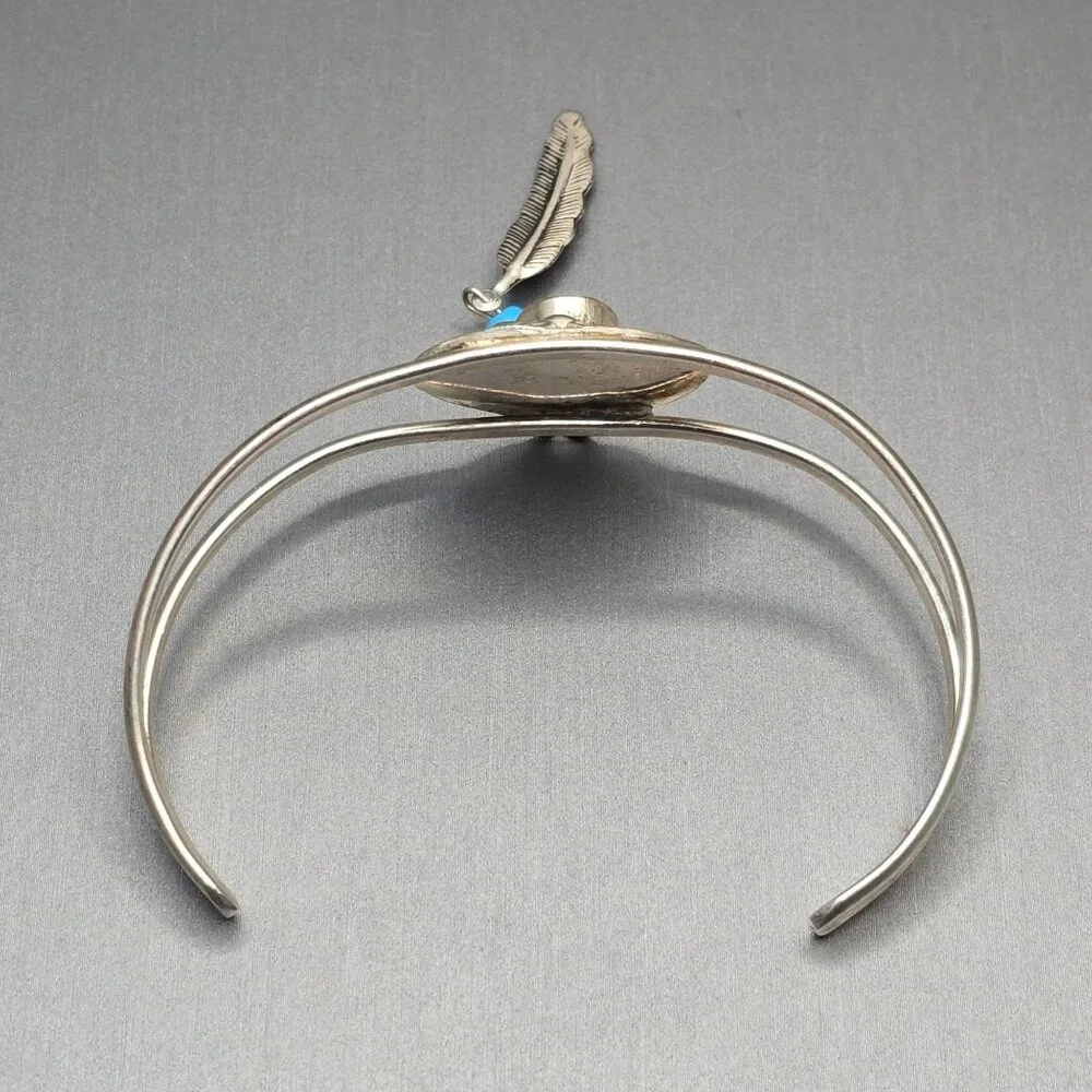 VTG Southwestern Sterling Silver Bracelet 6.75" Crushed Turquoise Feather Charm - Picture 5 of 15